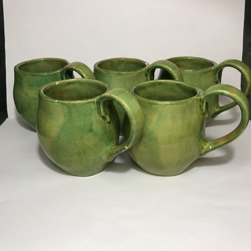 Aletha Soule Studio Green Coffee Mugs "2000" SIGNED VTG RARE POTTERY !CHIPS!